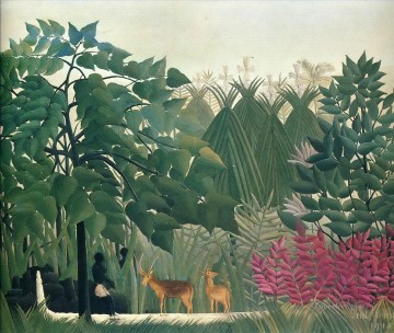 Animal Painting - la cascada 1910 Henri Rousseau ciervo